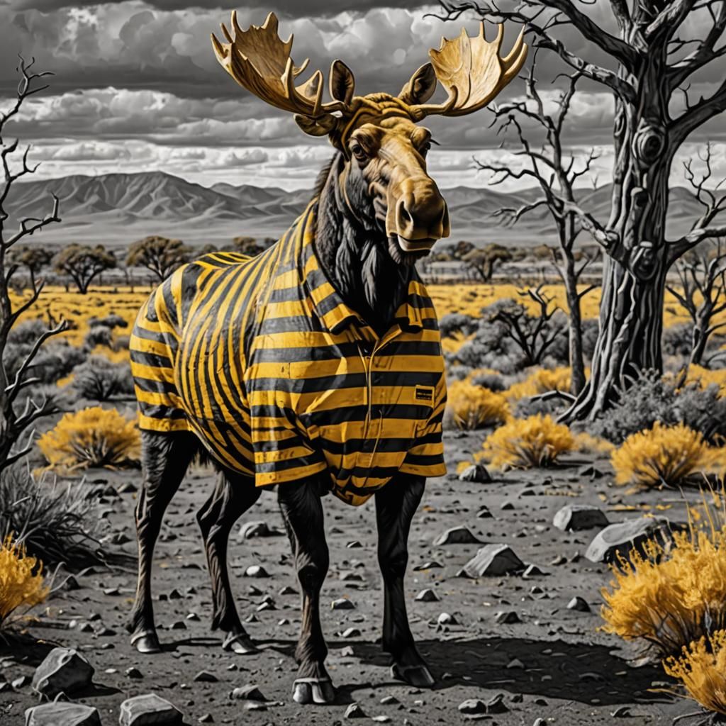 Mustard-yellow Moose wearing black-and-white striped prisone...