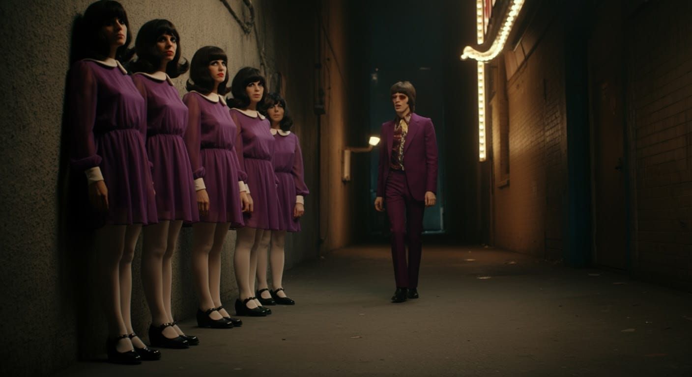 Women in Purple Dresses Waiting in Dimly Lit Alleyway, Inspi...