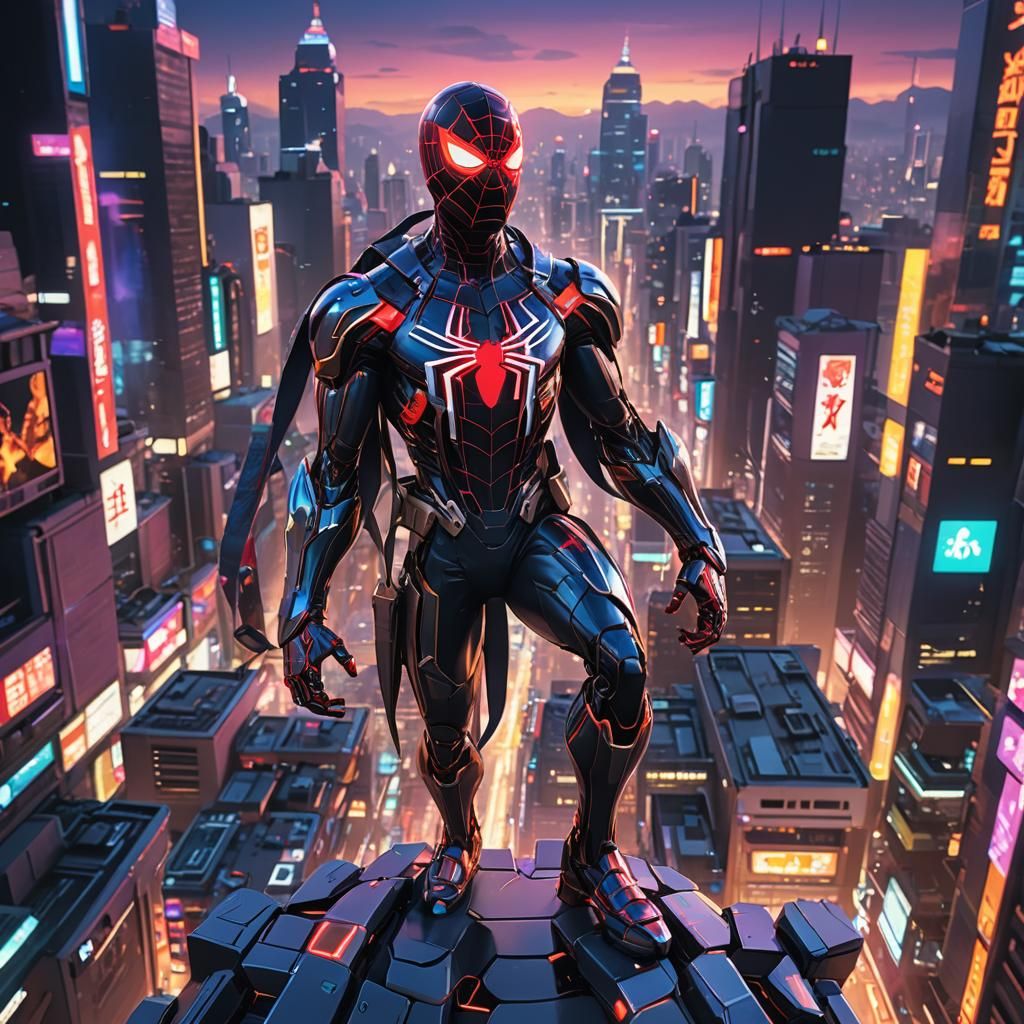 Robot Spider-Man in Futuristic Anime Cityscape