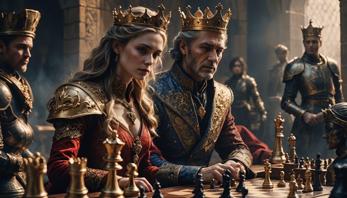 Chess Game Between King and Lady: Dark Fantasy Art