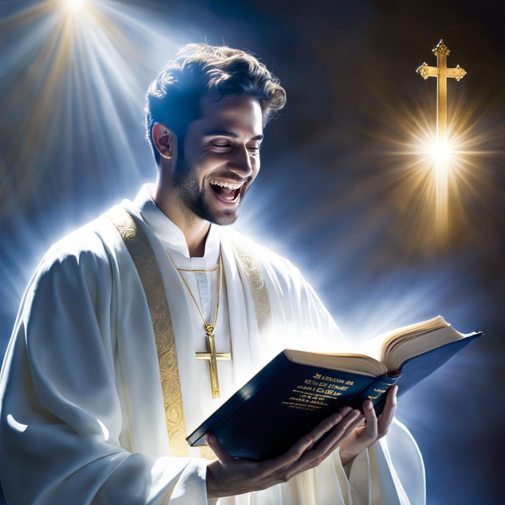 image of a young Spanish spiritual man, ethereal and translucent, in a English Royal White Robe, with a bolder and more ...