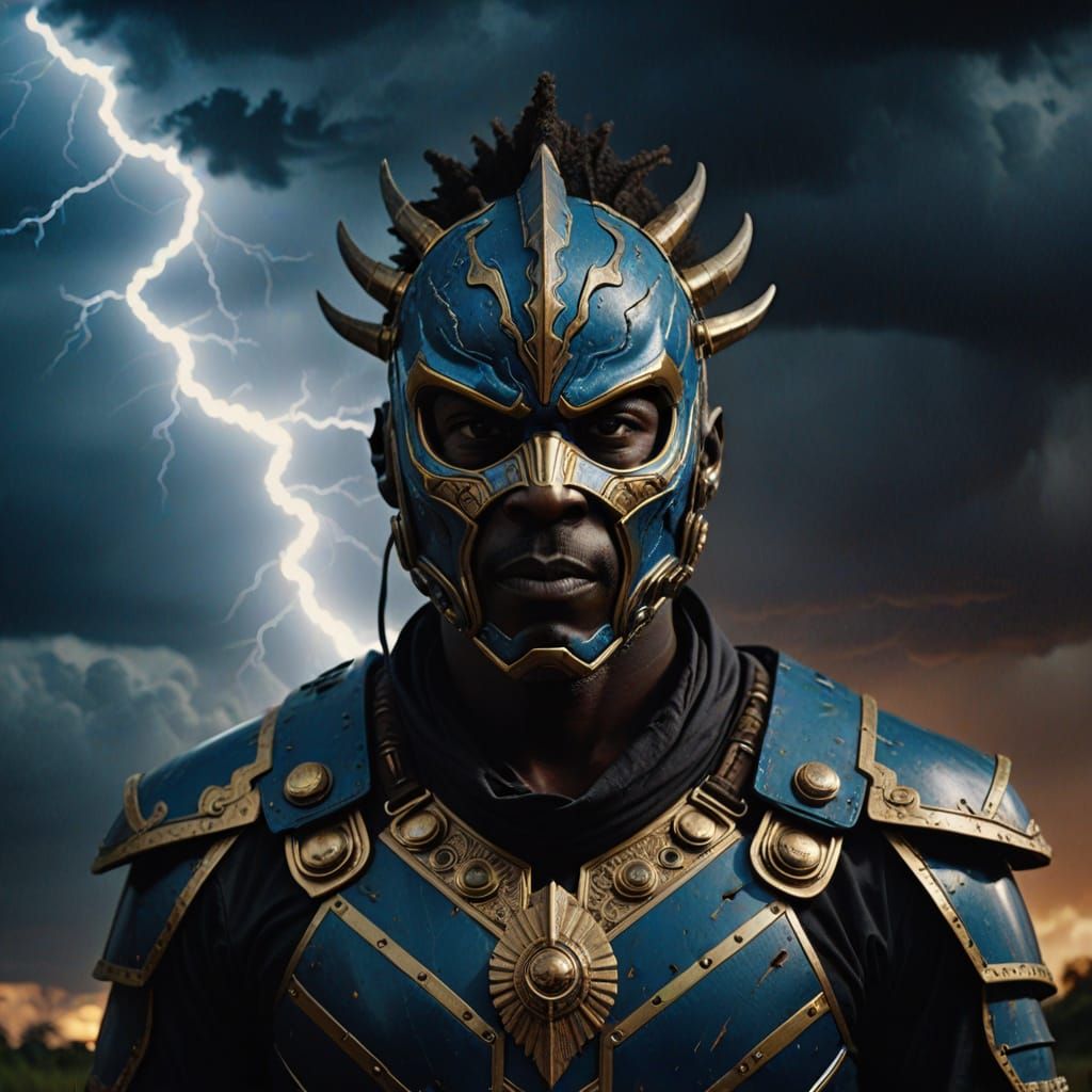 Ugandan Man in Thunder Costume: Hyperrealistic Film Still