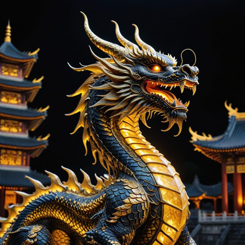 Majestic Golden Dragon in Front of Chinese Palace