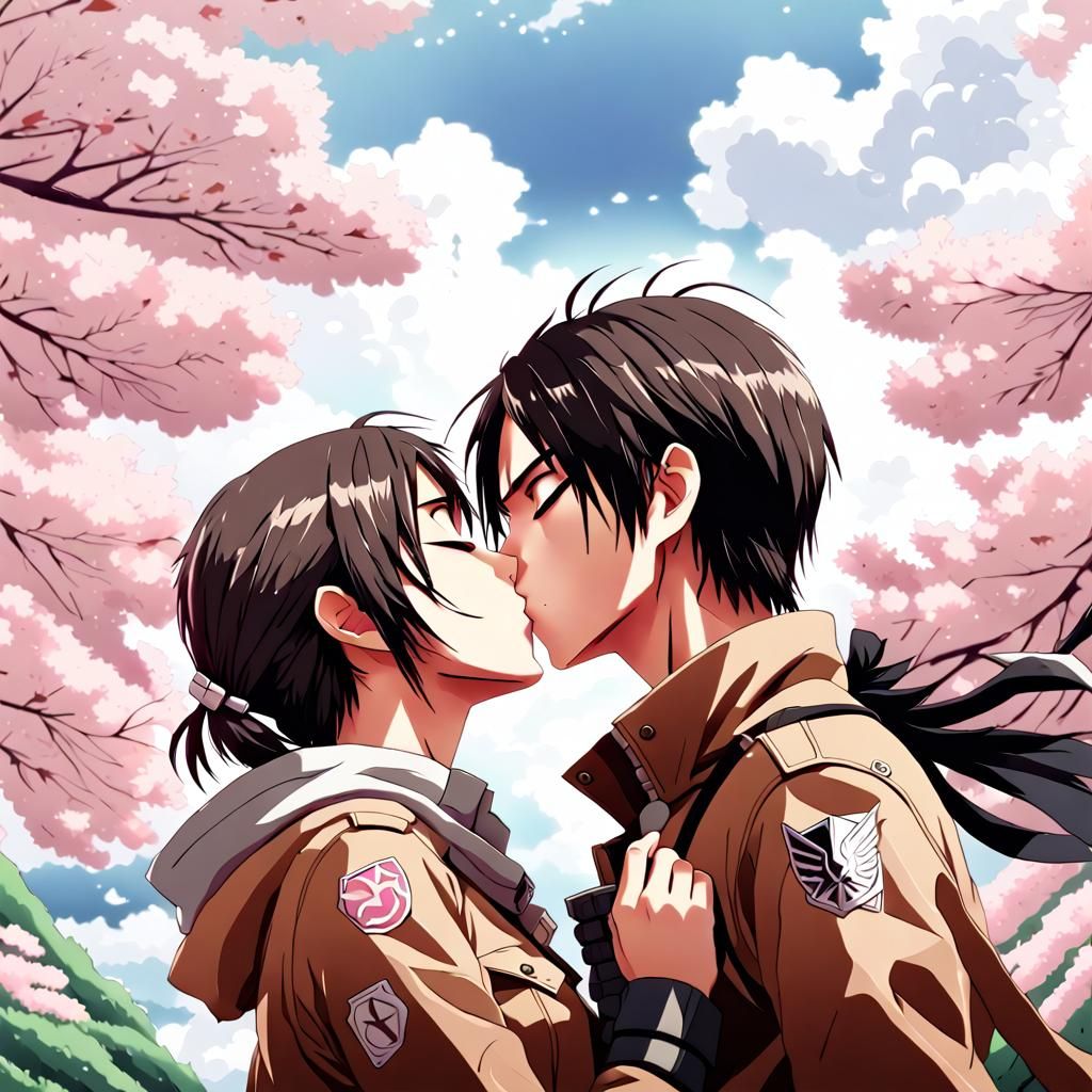 Eren and Sakura Kiss in Anime Style