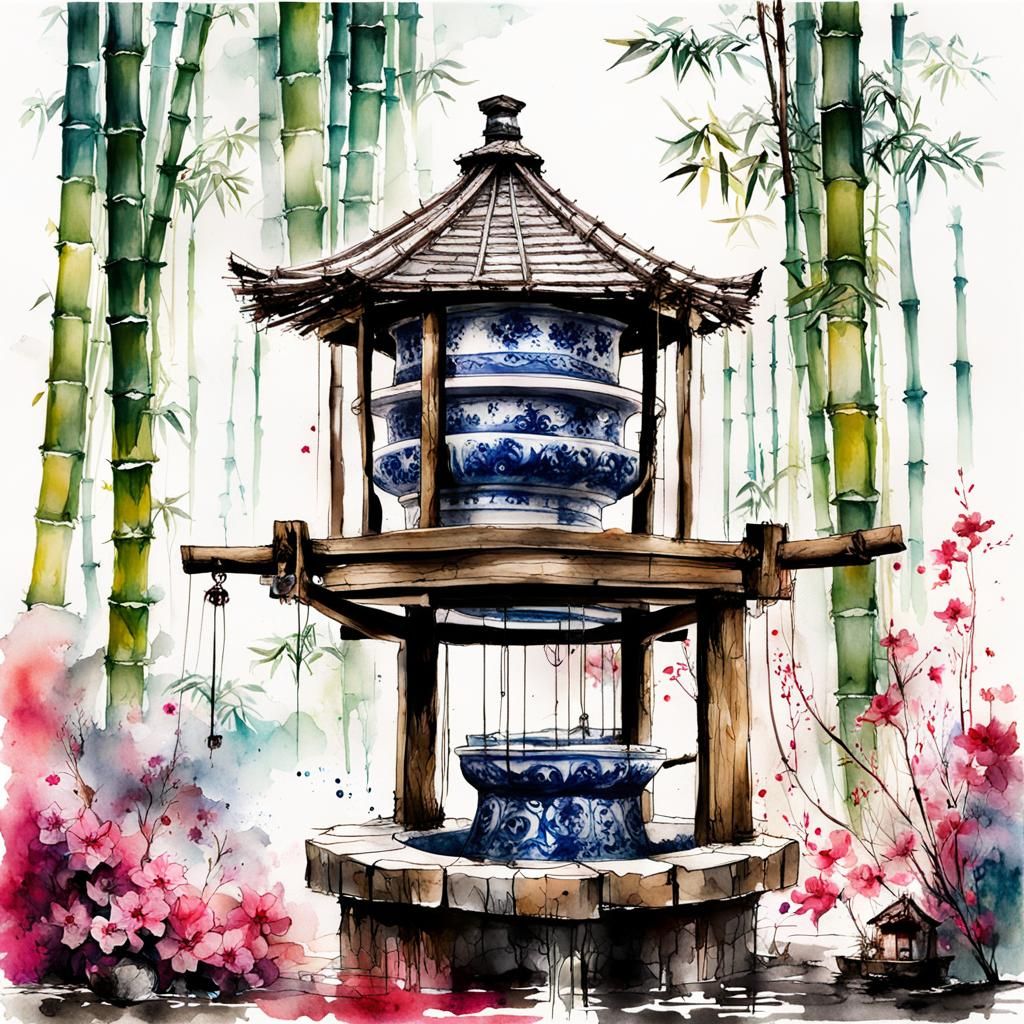Chinese Ceramic Well Model in Watercolor Style