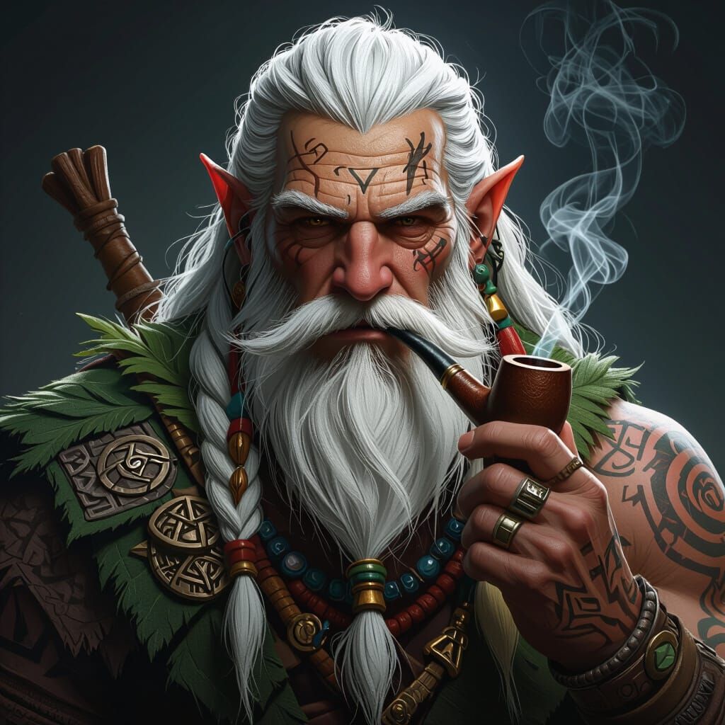 Wise Firbolg Druid with Rune Tattoos Smoking Pipe