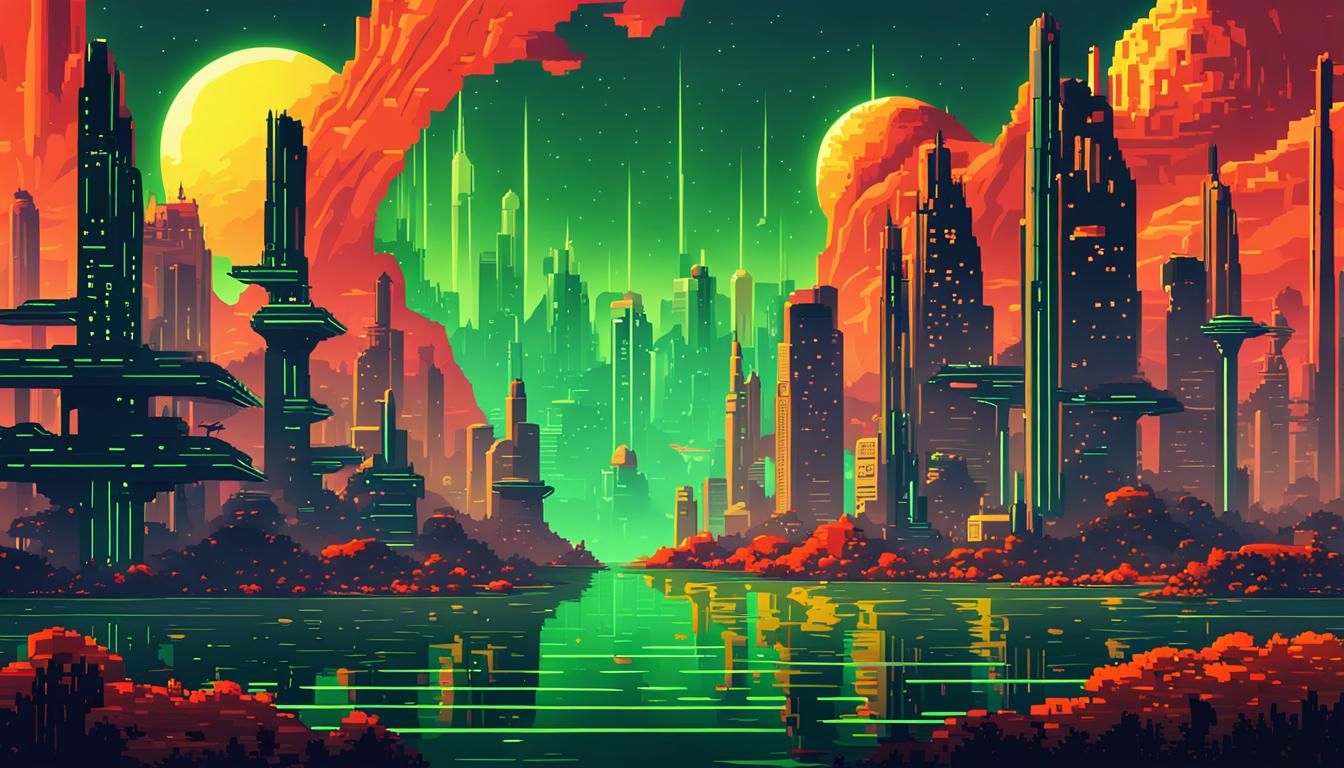 Exotic Planet Cityscape in Pixel Art Style