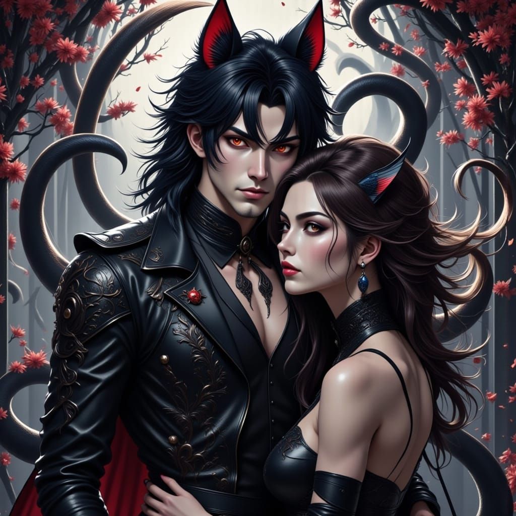 Dark Realism Portrait of a Kitsune Hero and His Human Girlfr...
