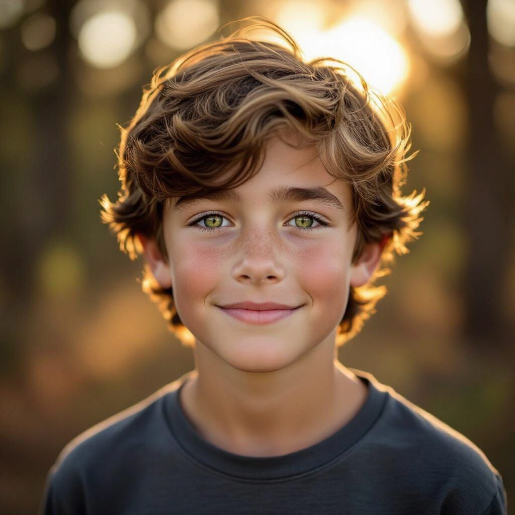Handsome Boy in Sun-Drenched Forest Portrait