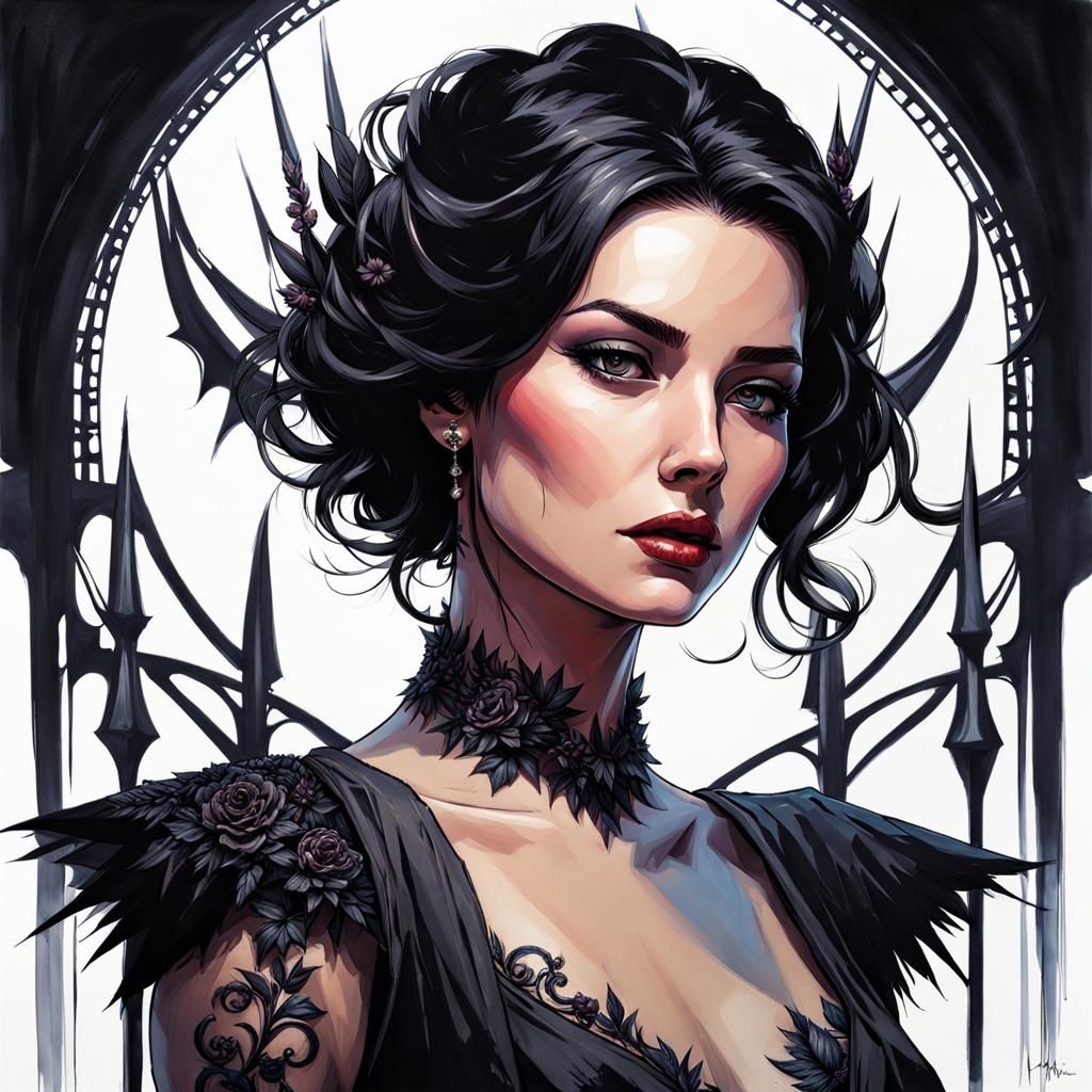 Gothic Beauty Portrait in Modern Ink Painting Style