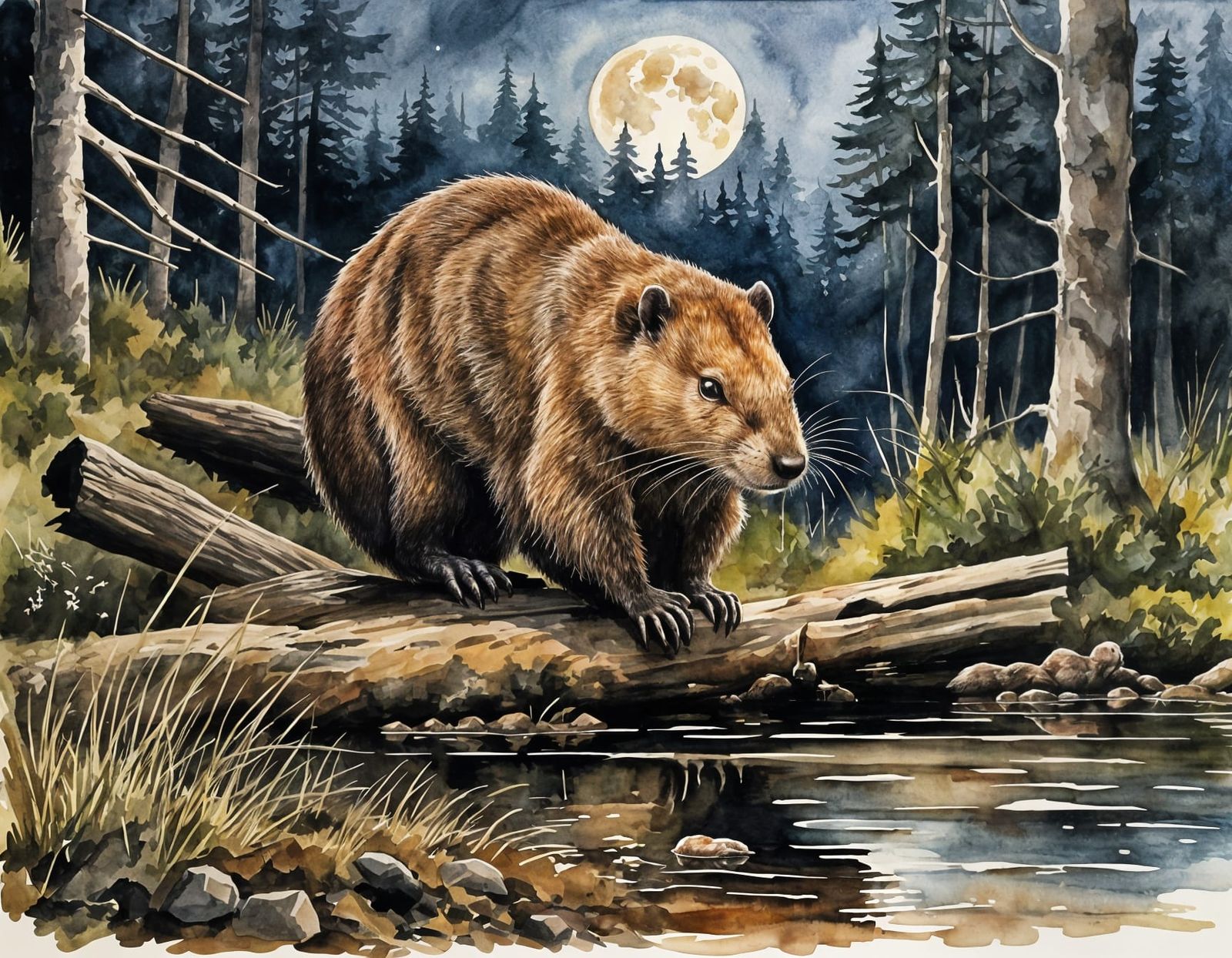 Beavers Building Dam Under Full Moon, Watercolor