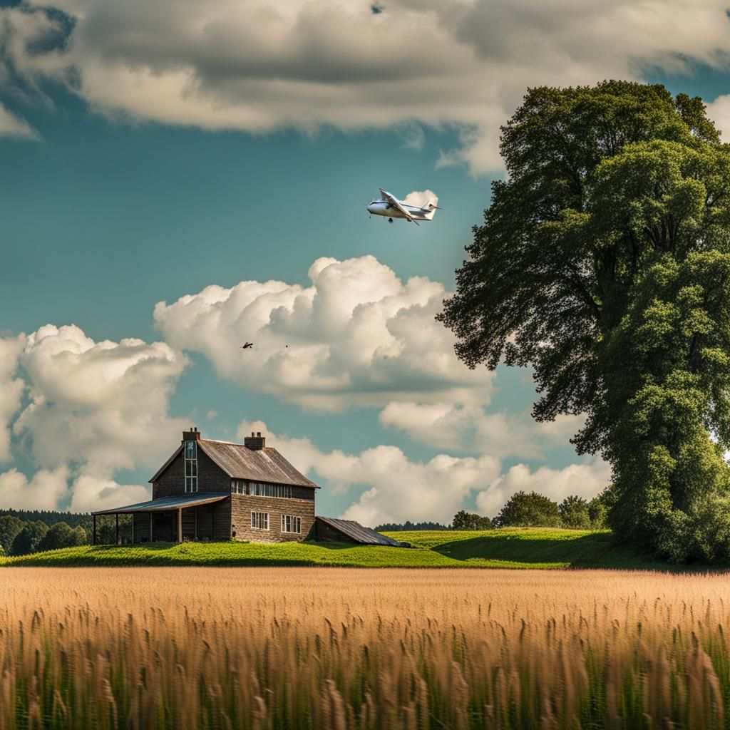 Farmhouse Scene with Summer Sky and Aircraft