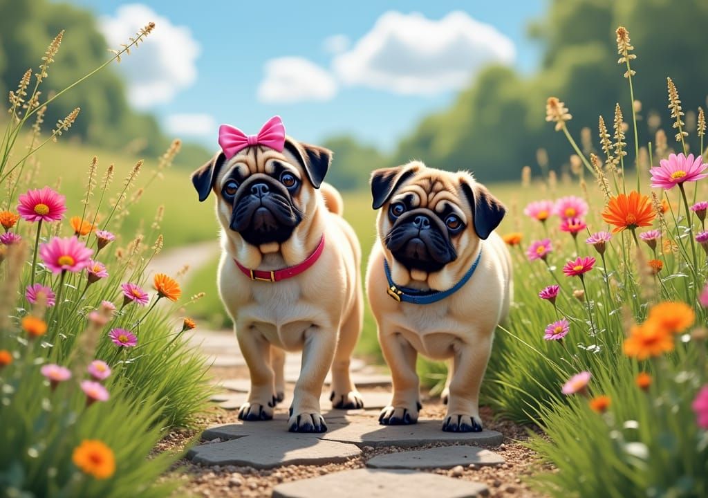 Pugs Strolling Through Wildflower Meadow