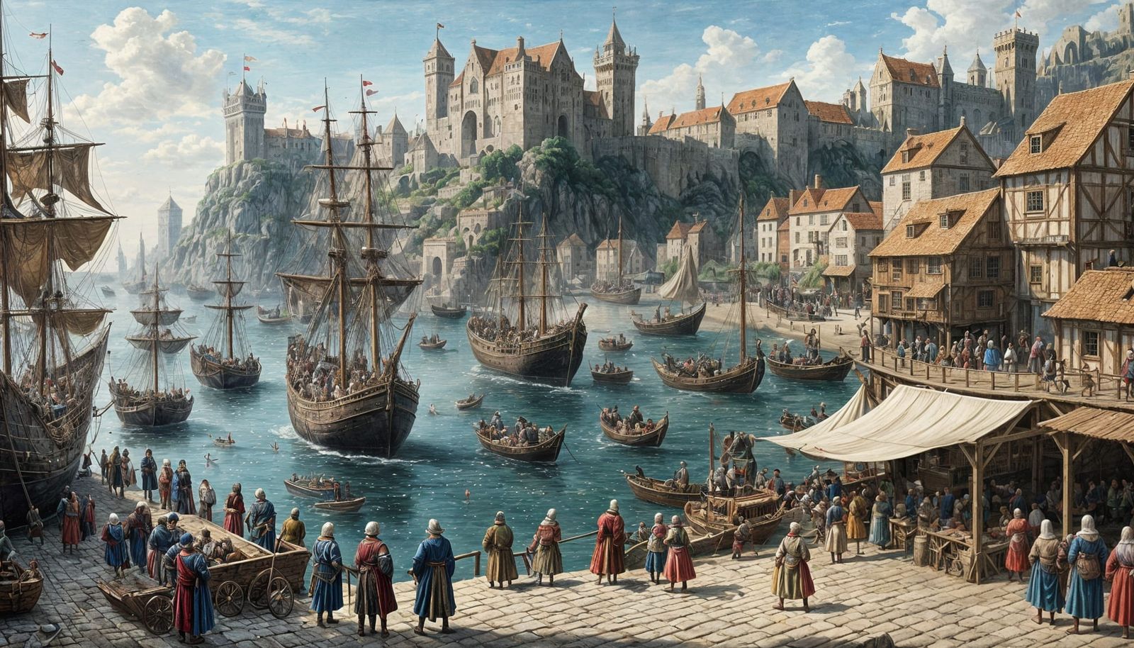 Vibrant Medieval Sea Port Scene with Bustling Ships and Figu...