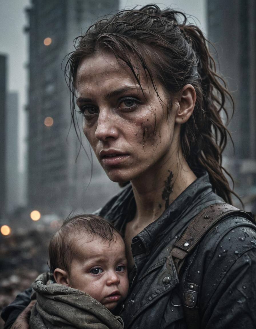 Dystopian Mother and Child in Post-Apocalyptic City