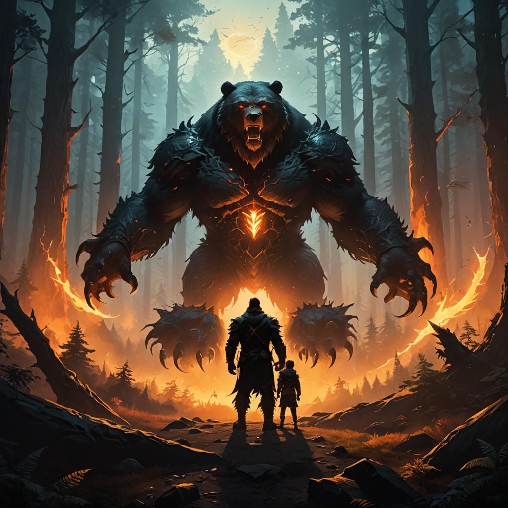 Guardian Protecting Child From Demon Bear