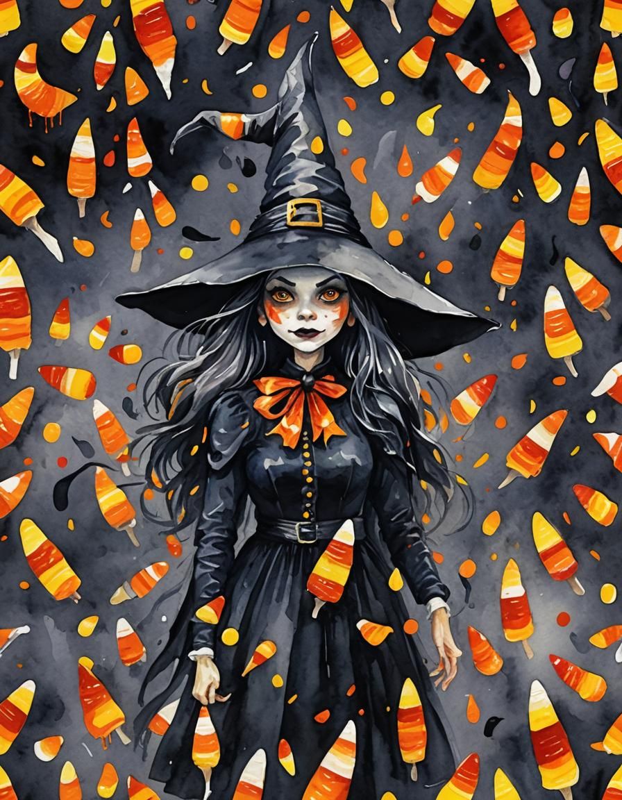 Dark Candycorn Witch in Gouache Style
