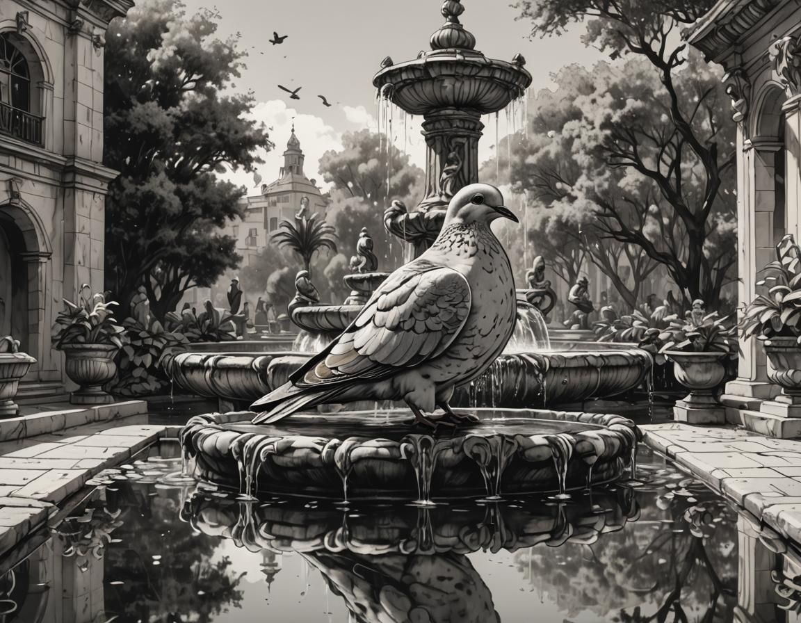 Dove's Reflection: Monochromatic Fountain Art