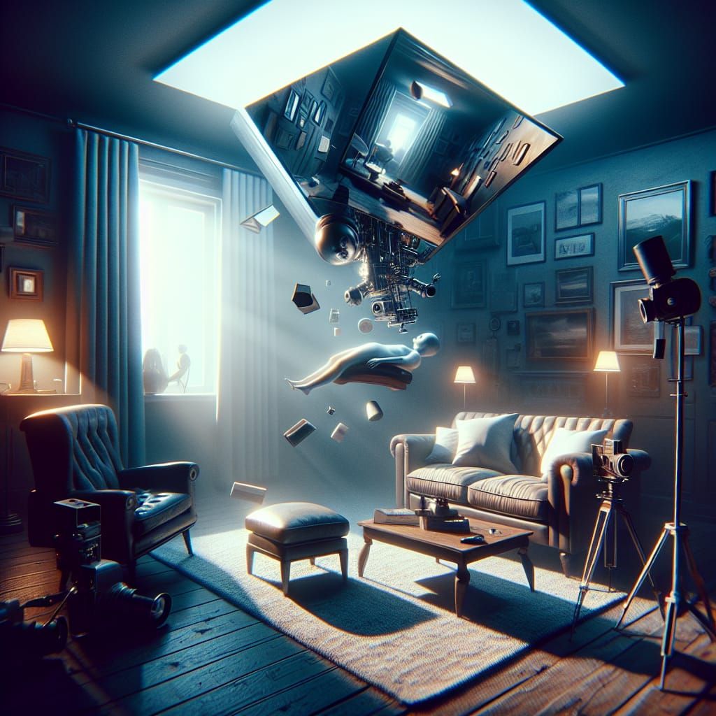 Surreal Floating Living Room in Cinematic Film Style