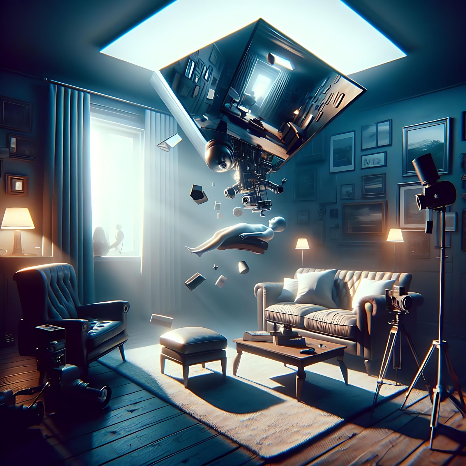 Surreal Floating Living Room with Robotic Figure