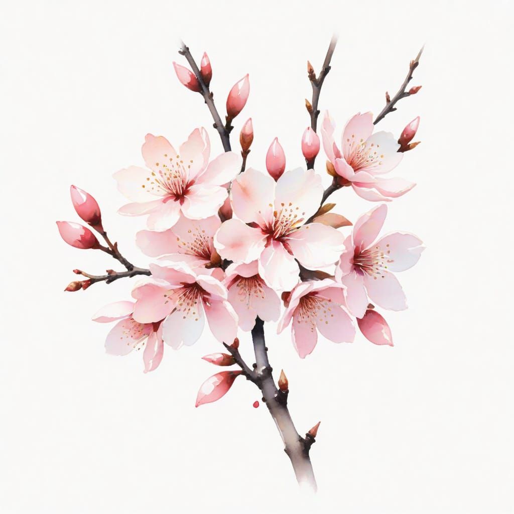 Delicate Cherry Blossom Branch in Watercolor Style