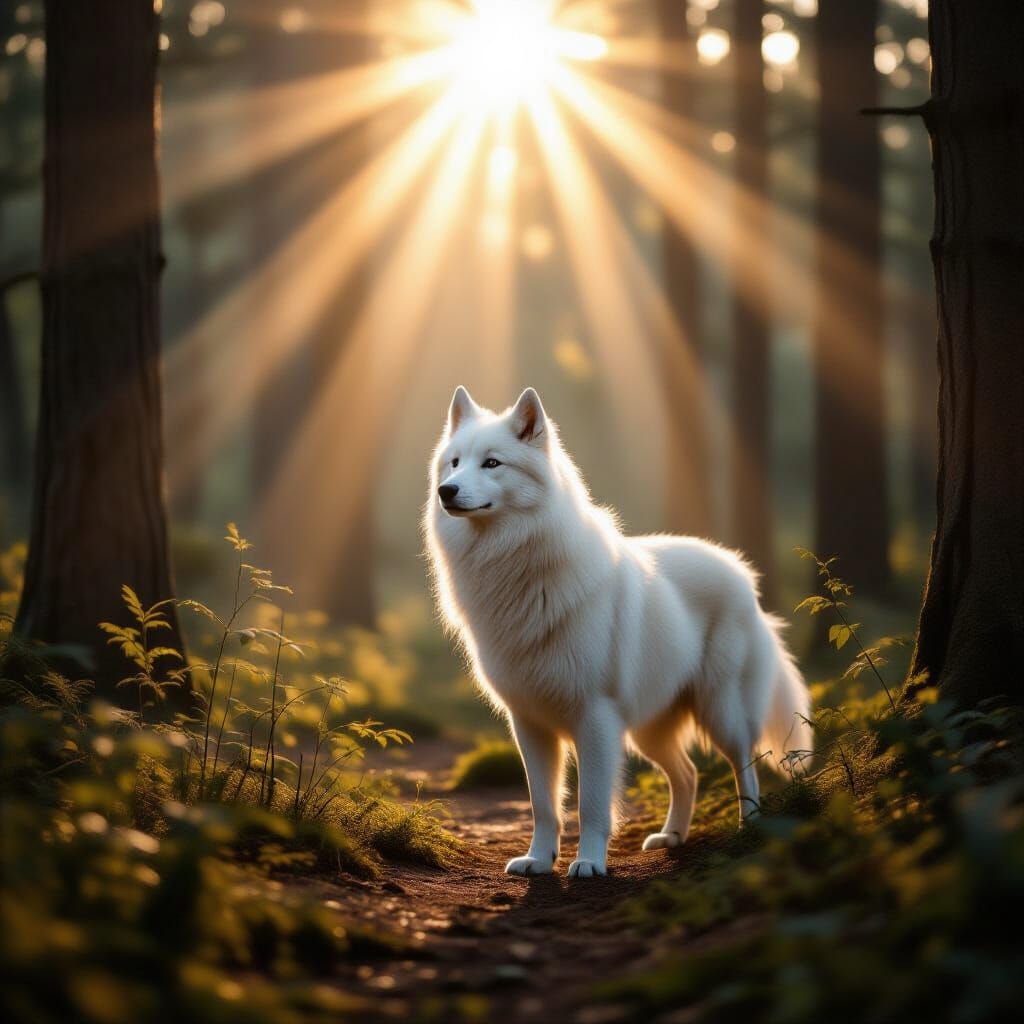 White Wolf Lost in Forest with Heavenly Sunshine