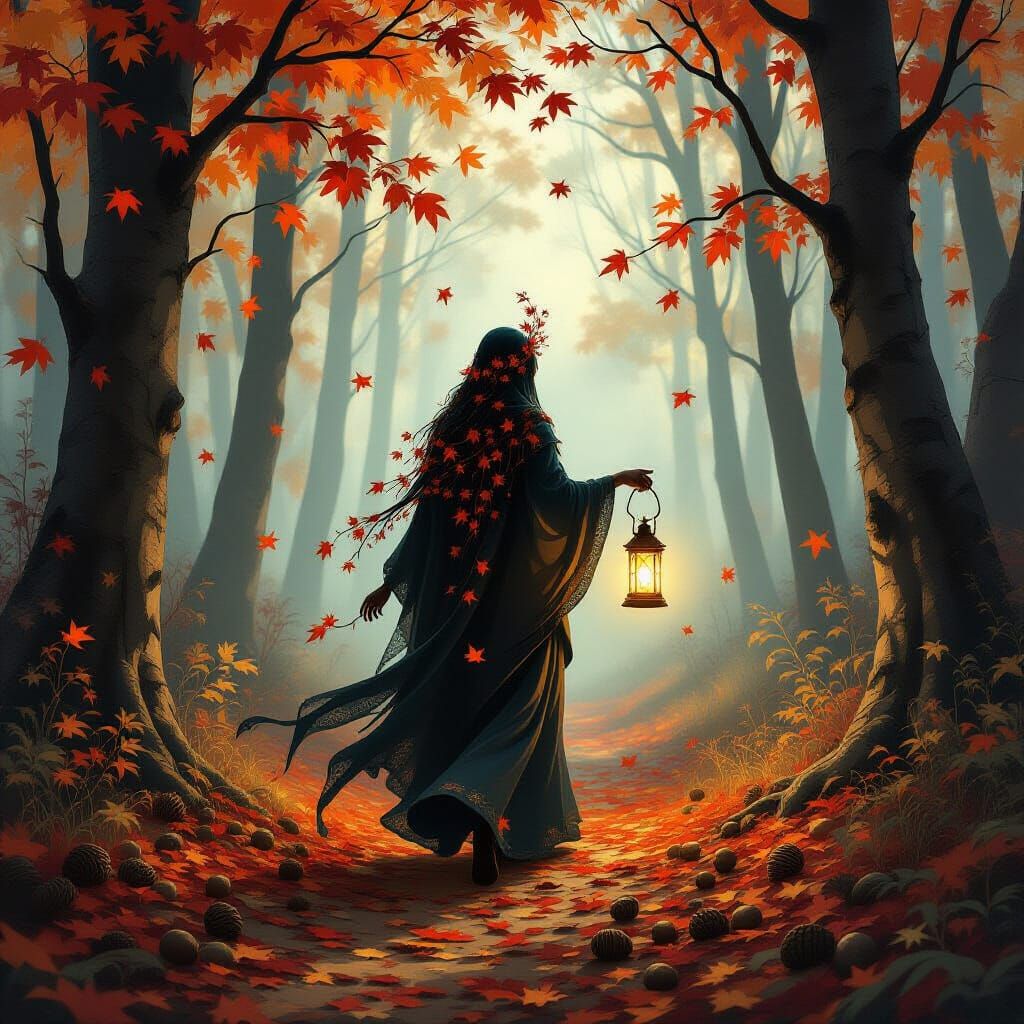 Autumn Forest Spirit with Glowing Lantern in Painterly Fanta...