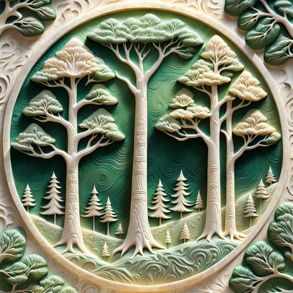 Neo-Byzantine Alabaster Plaque of Carved Pine Trees
