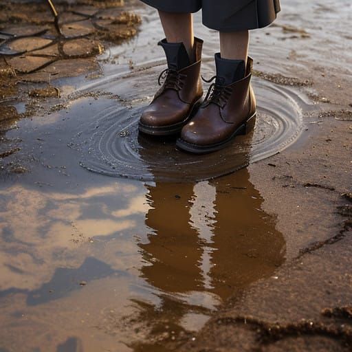 Playful Child Leaps in Rainy Puddle with Brown Blandstone Sh...