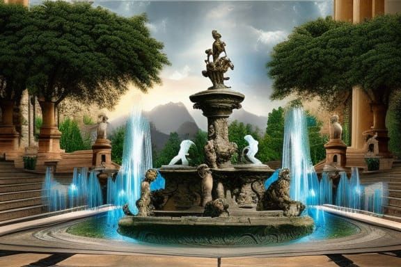 beautiful realistic renaissance style fountain in a plaza Ep...