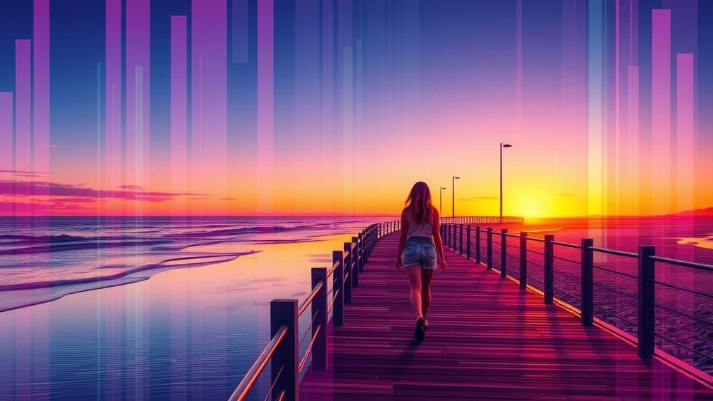 Surreal Sunset Boardwalk in Neon Haze