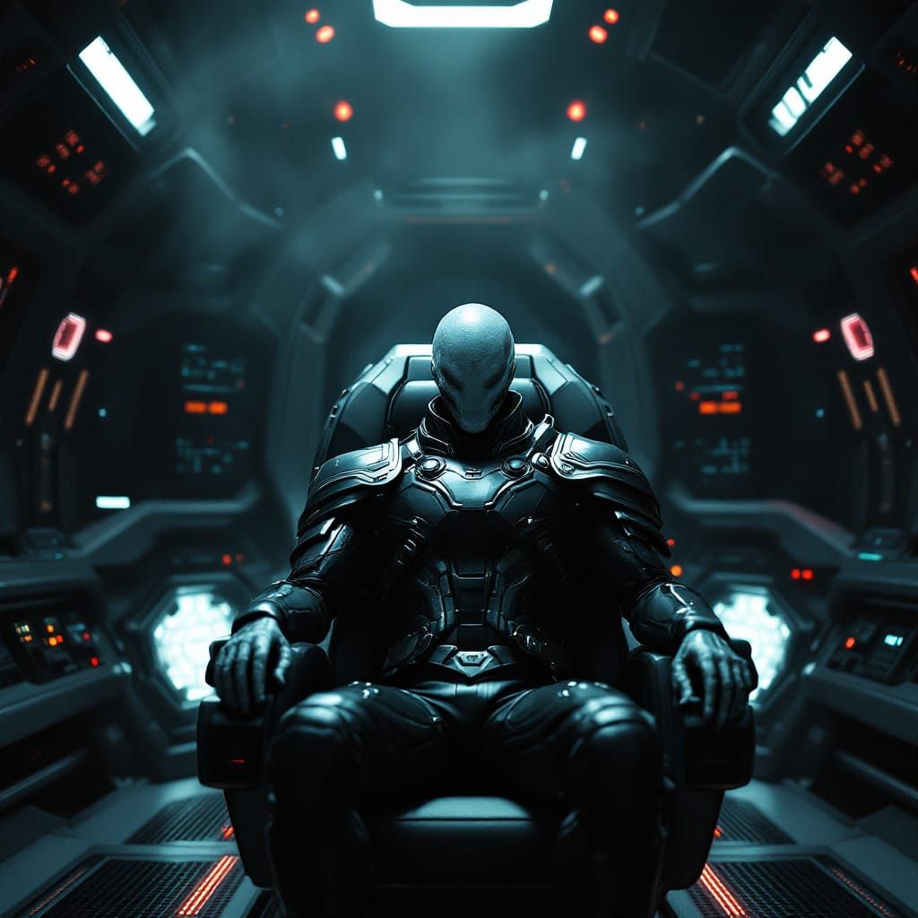Alien Commander Reacts on Spaceship Bridge in Gritty Sci-Fi