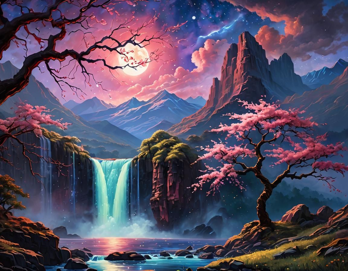 Nebula Sky and Cherry Tree Oil Painting