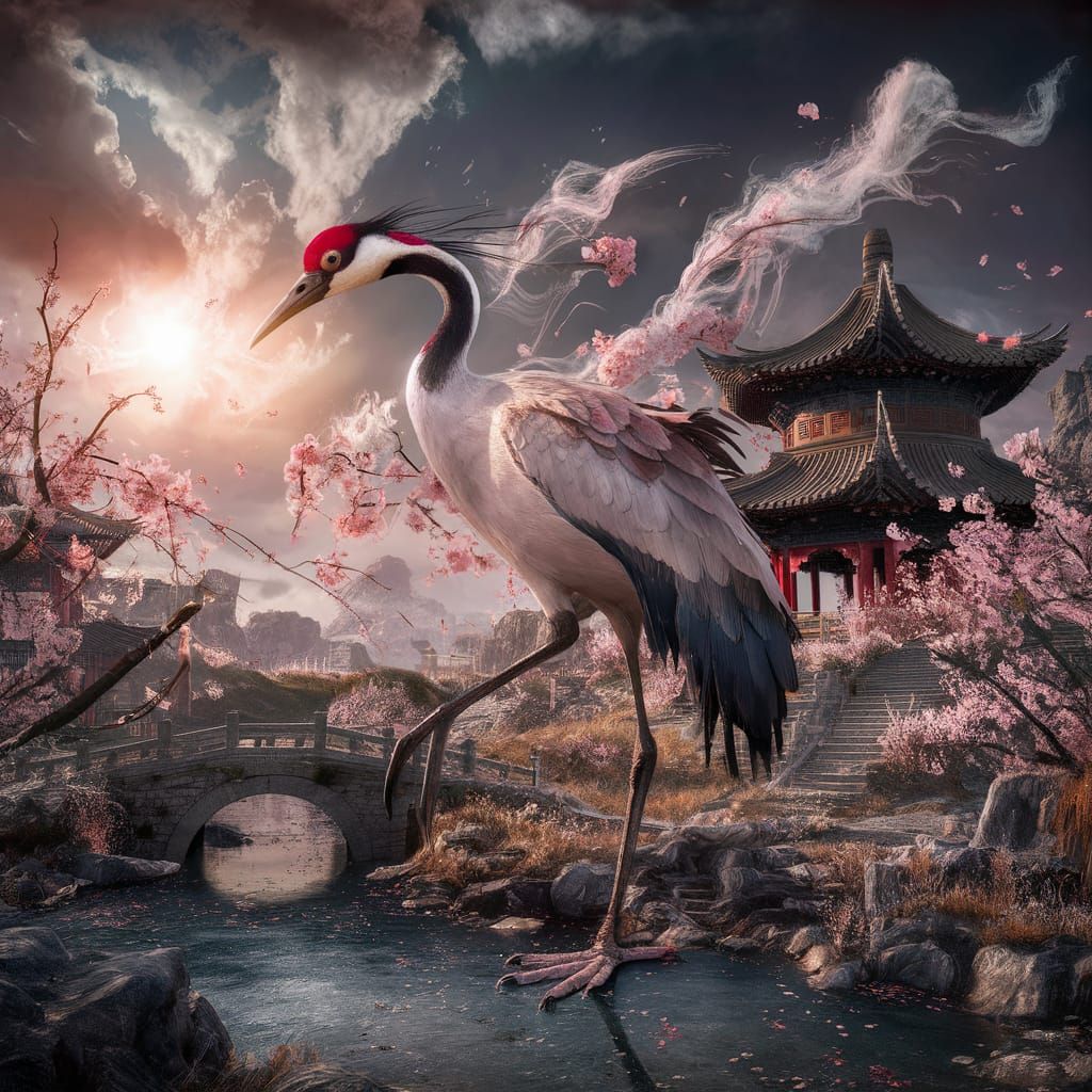Crane and Blossoms in Ancient Chinese Landscape