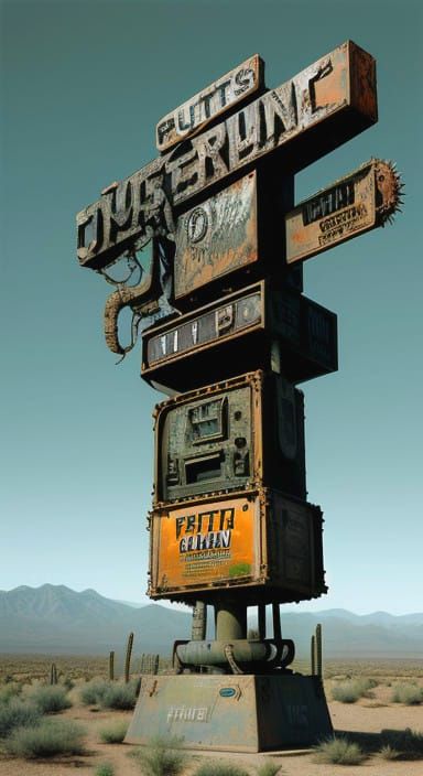 Rustic Futuristic Cactus Signpost in Cyberpunk Aesthetic