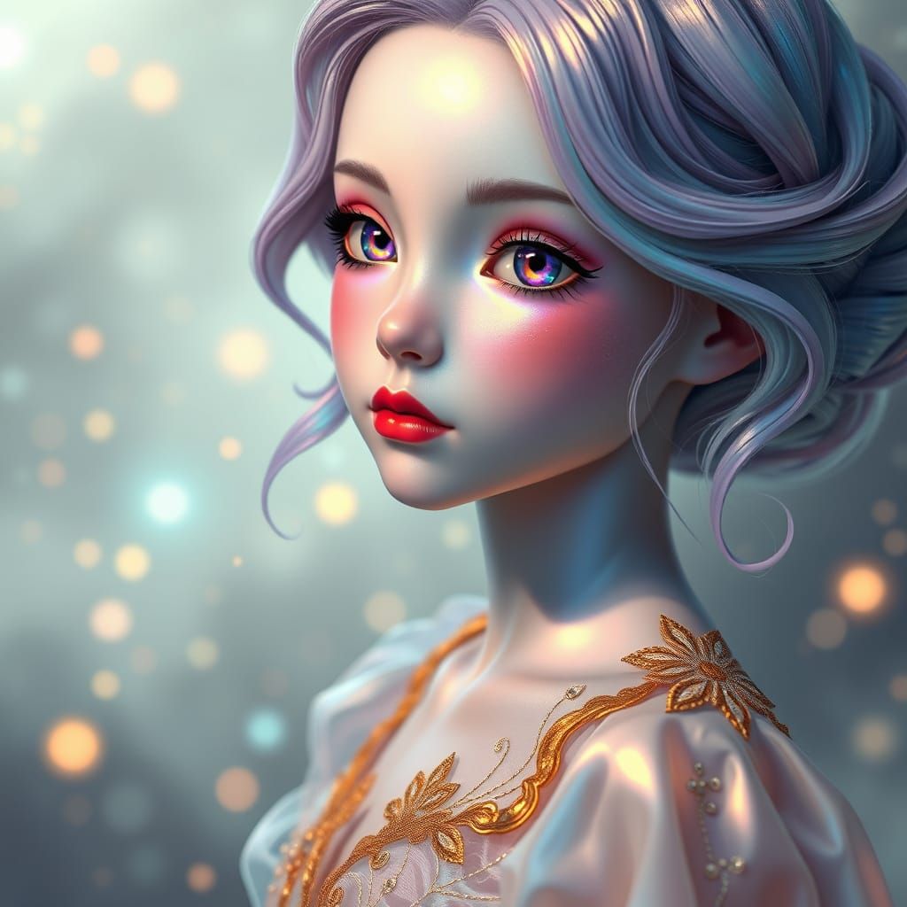 Ethereal Porcelain Goddess in Iridescent Dreamscape