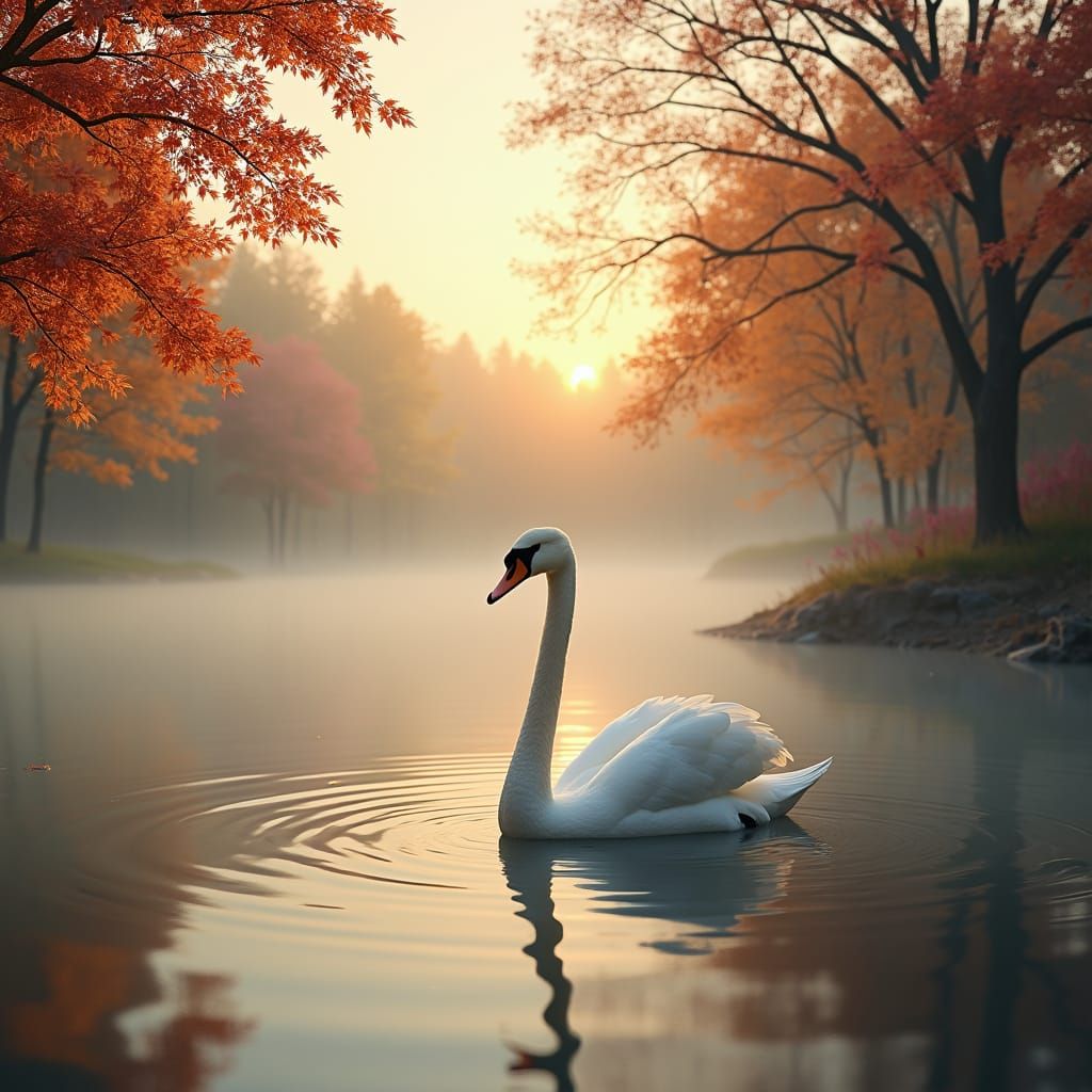 Ethereal Swan on Autumn Lake: Matte Painting