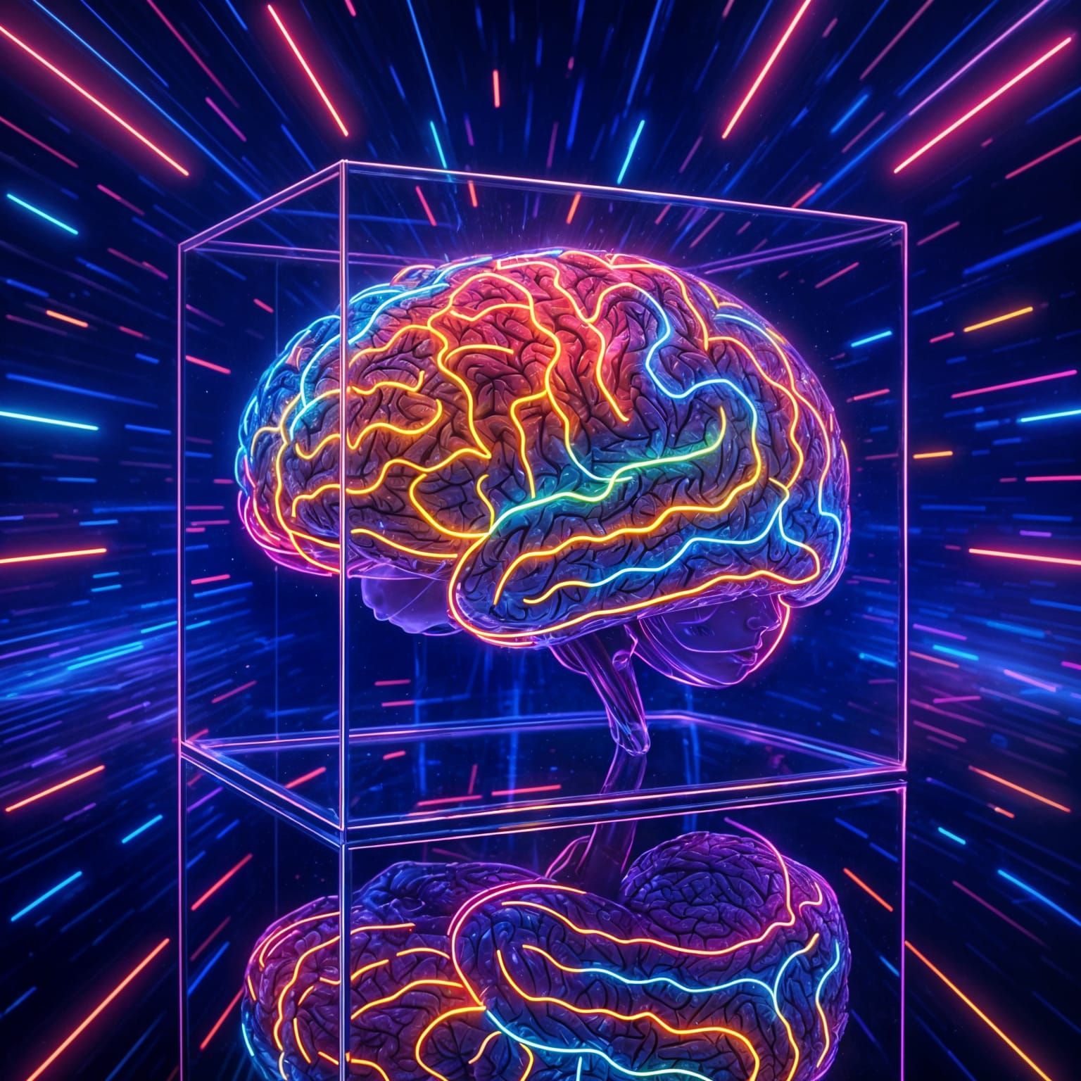 Neon Brain in Glass Cube, Mirrored Hyperspace