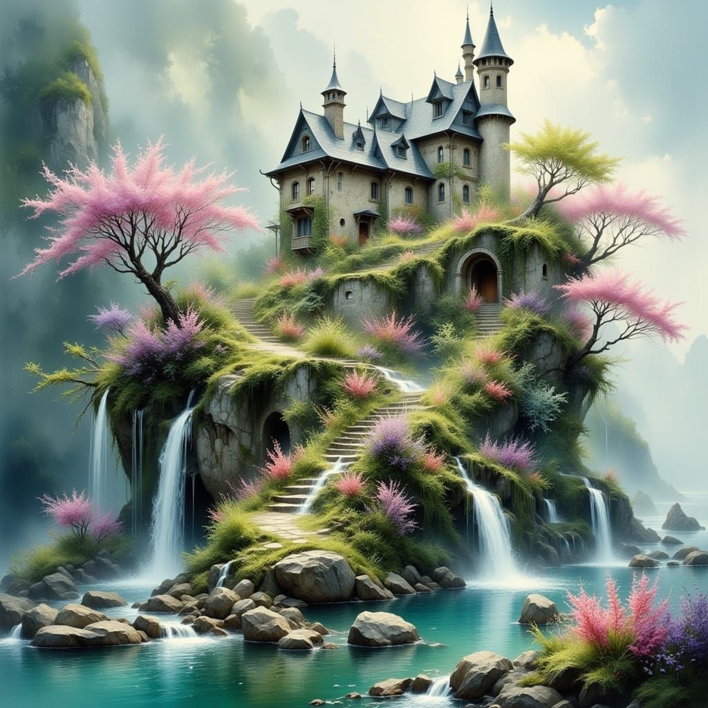 Floating Fantasy Island with Waterfall and Castle