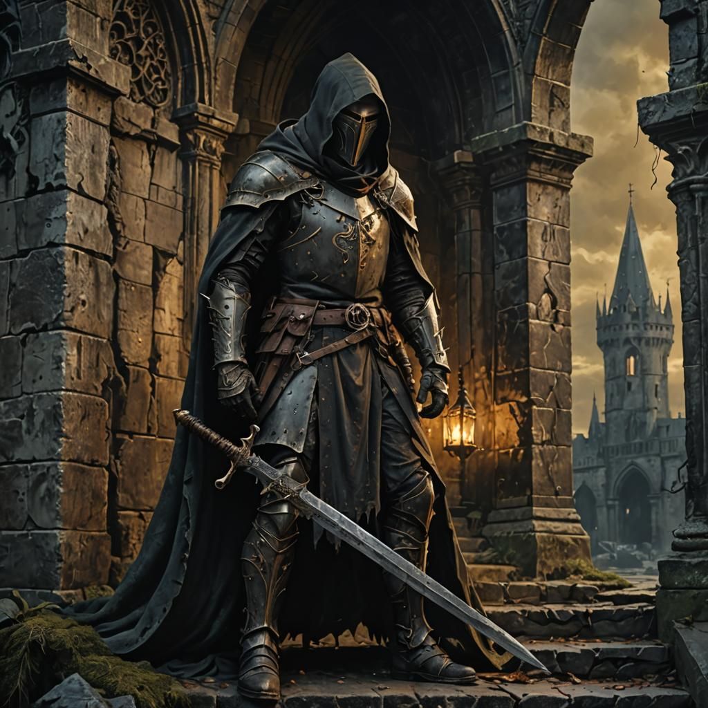 Grimdark Gothic Knight in Weathered Armor