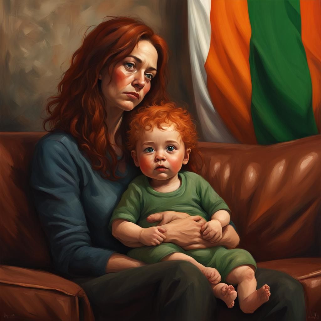 Mother and Baby with Irish Flag: Hyperrealistic Art