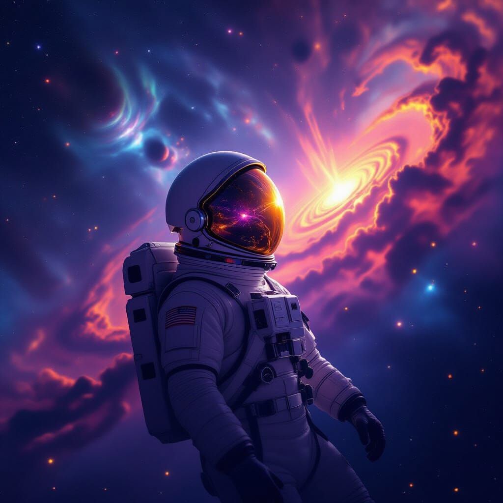 Astronaut Adrift in Cosmic Nebula, Reflecting Galaxies
