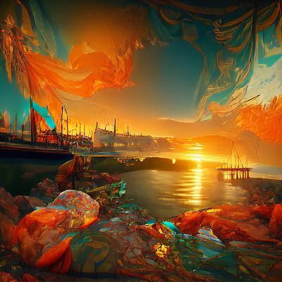 Bay Sunset: Hyperdetailed Splash Art in Orange and Teal