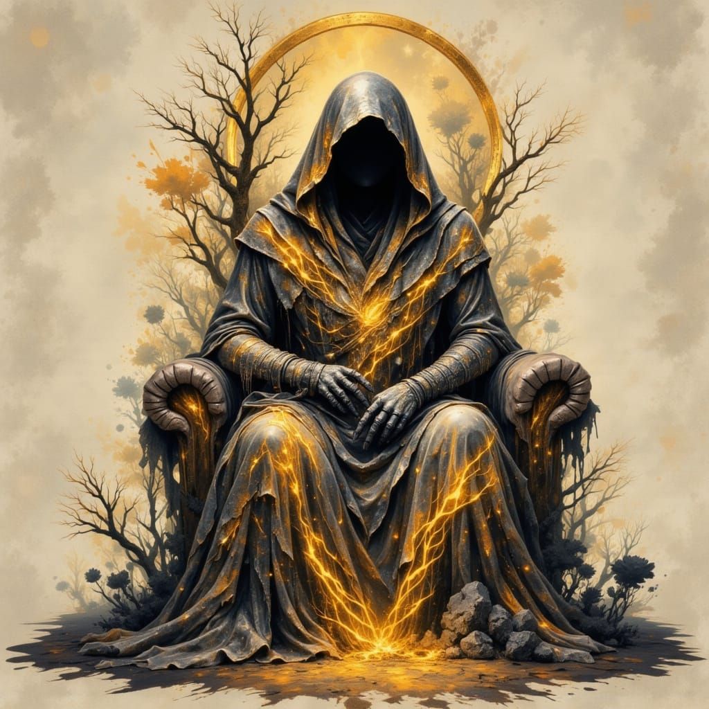 Mysterious Figure on Throne in Ink Blotch Style