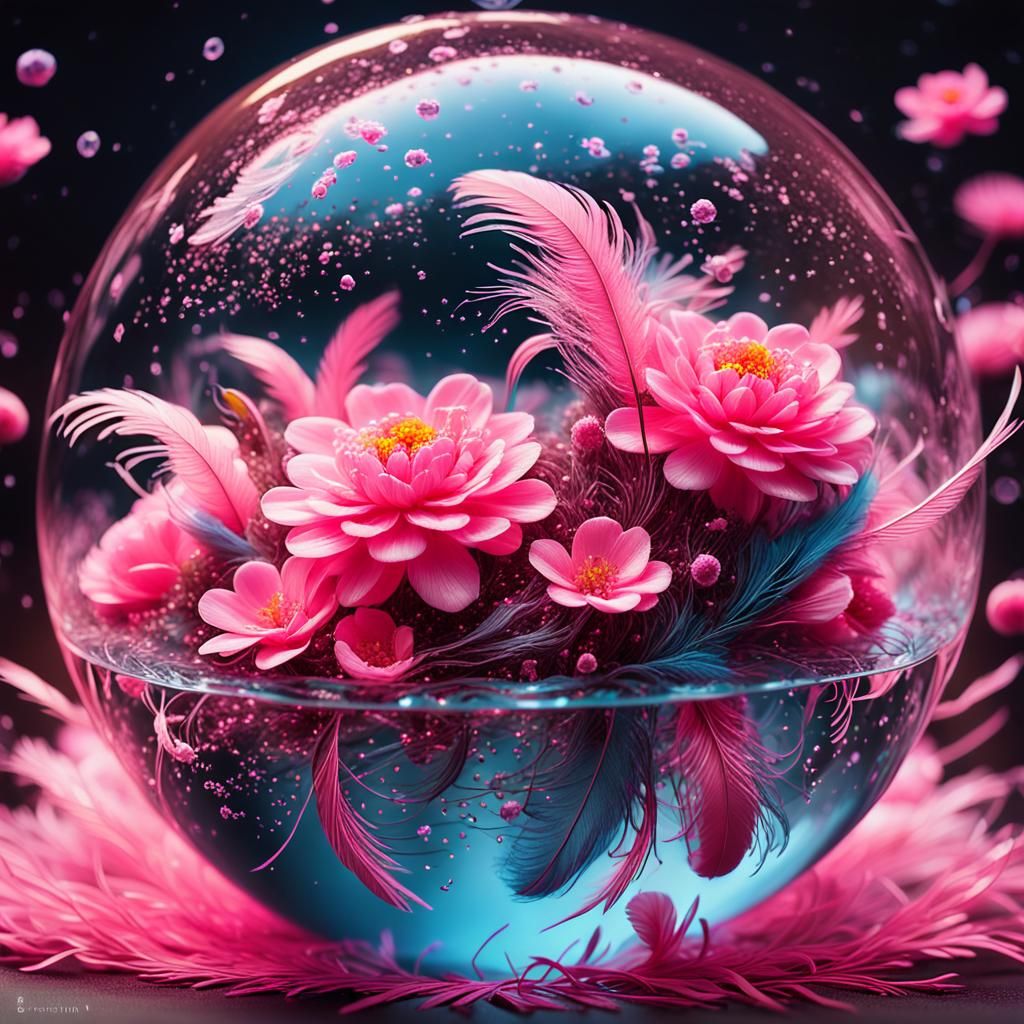 Neon Flowers and Feathers in Water Orb: Surreal Macro