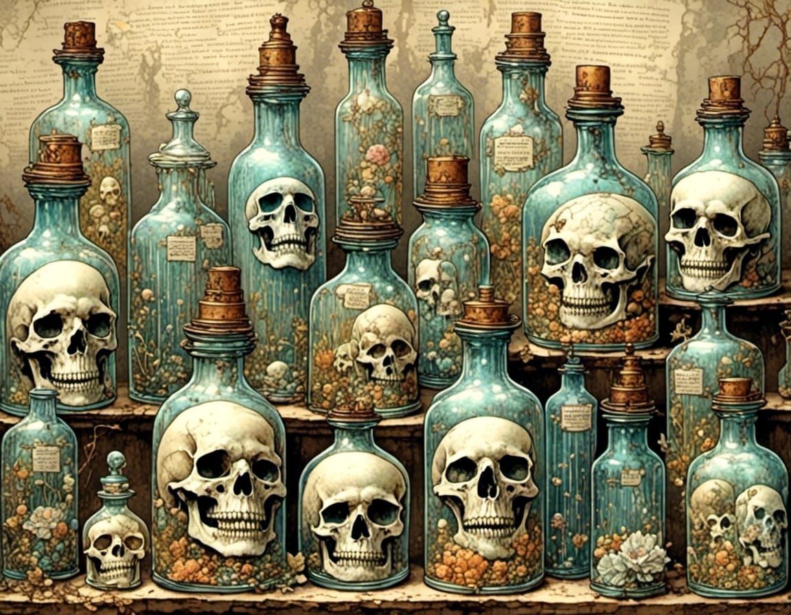 Vintage Bottles with Spooky Skulls and Ghosts