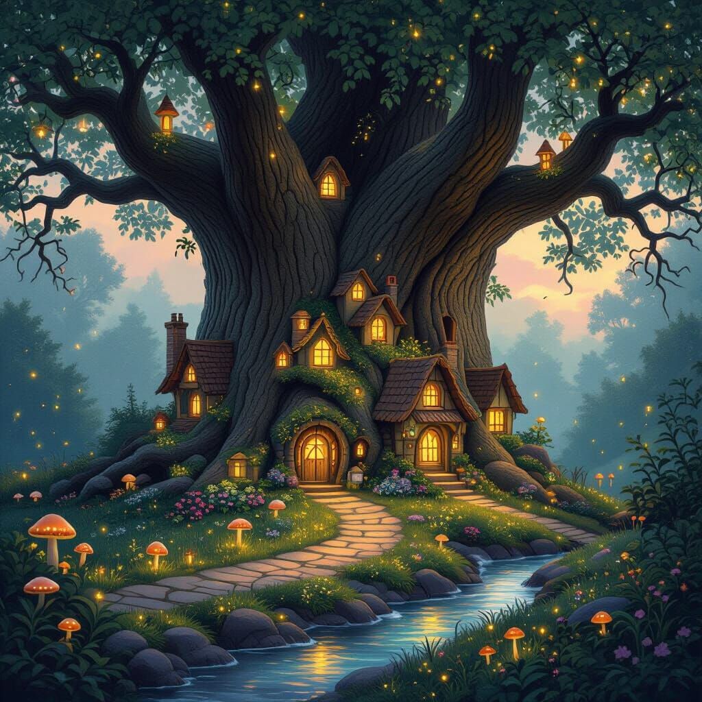 Enchanted Tree Village in Storybook Style