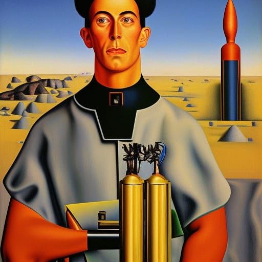 Revolutionary Portrait with Rocket in Retrofuturistic Style