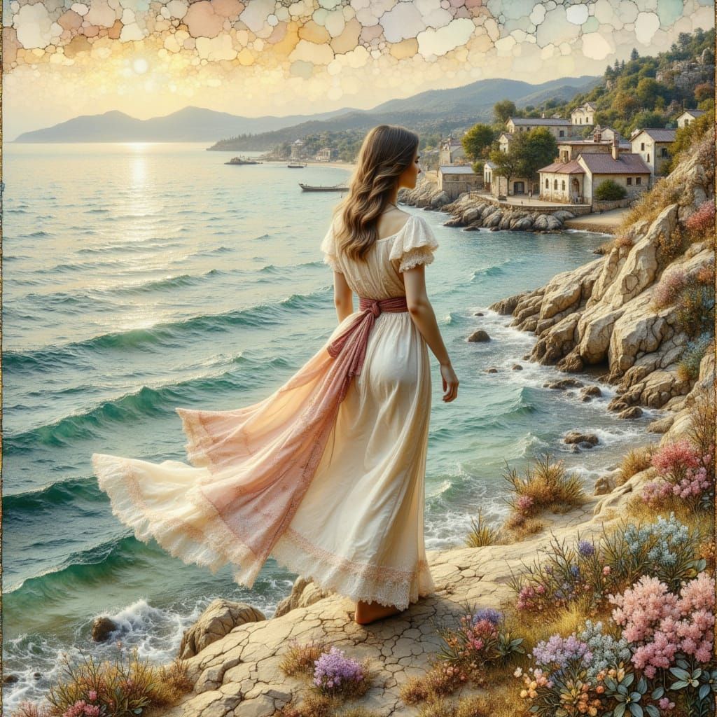 Ethereal Seaside Village with Woman in Impasto Style