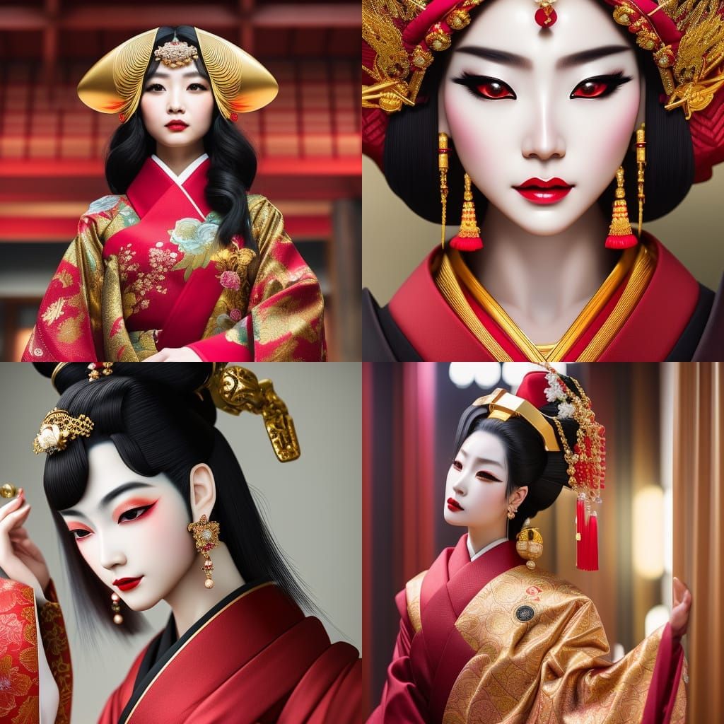 Luxury Oiran Portrait in Red and Gold Kimono